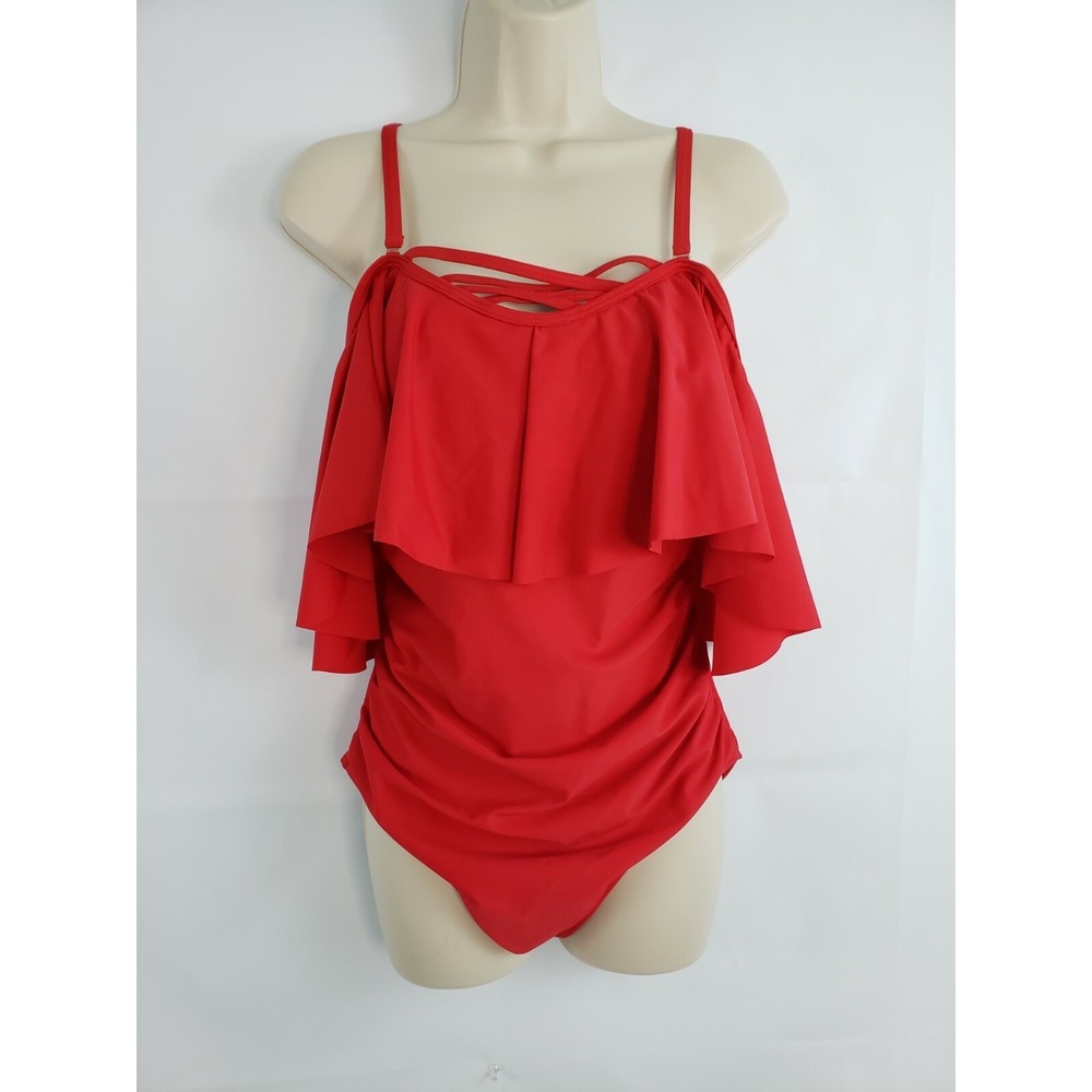 Holipick Women Red Flounce One Piece Swimsuit Bathing Suit Beach Wear Medium Y35